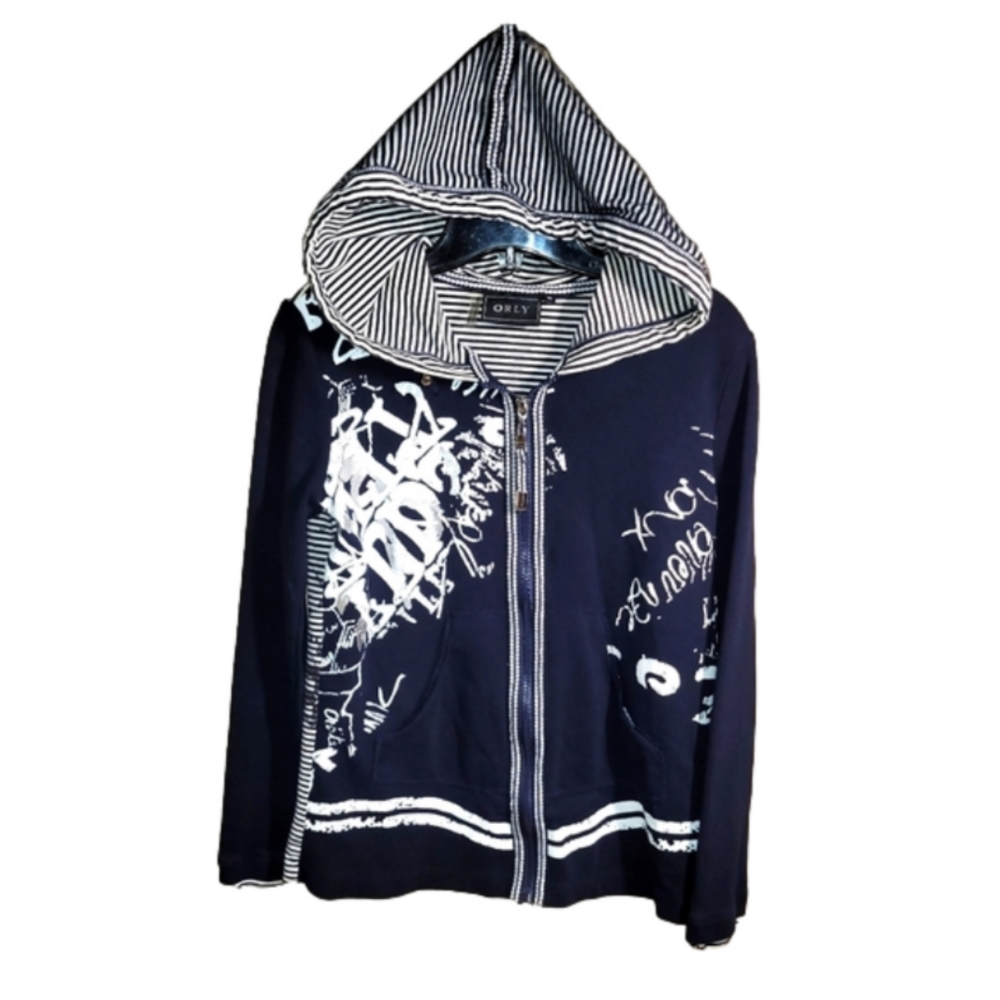 ORLY nautical navy stripped full zip textured hoodie mesh hood metallic small